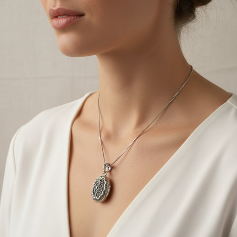 Load image into Gallery viewer, Florent Classic Oval Marcasite Locket Necklace