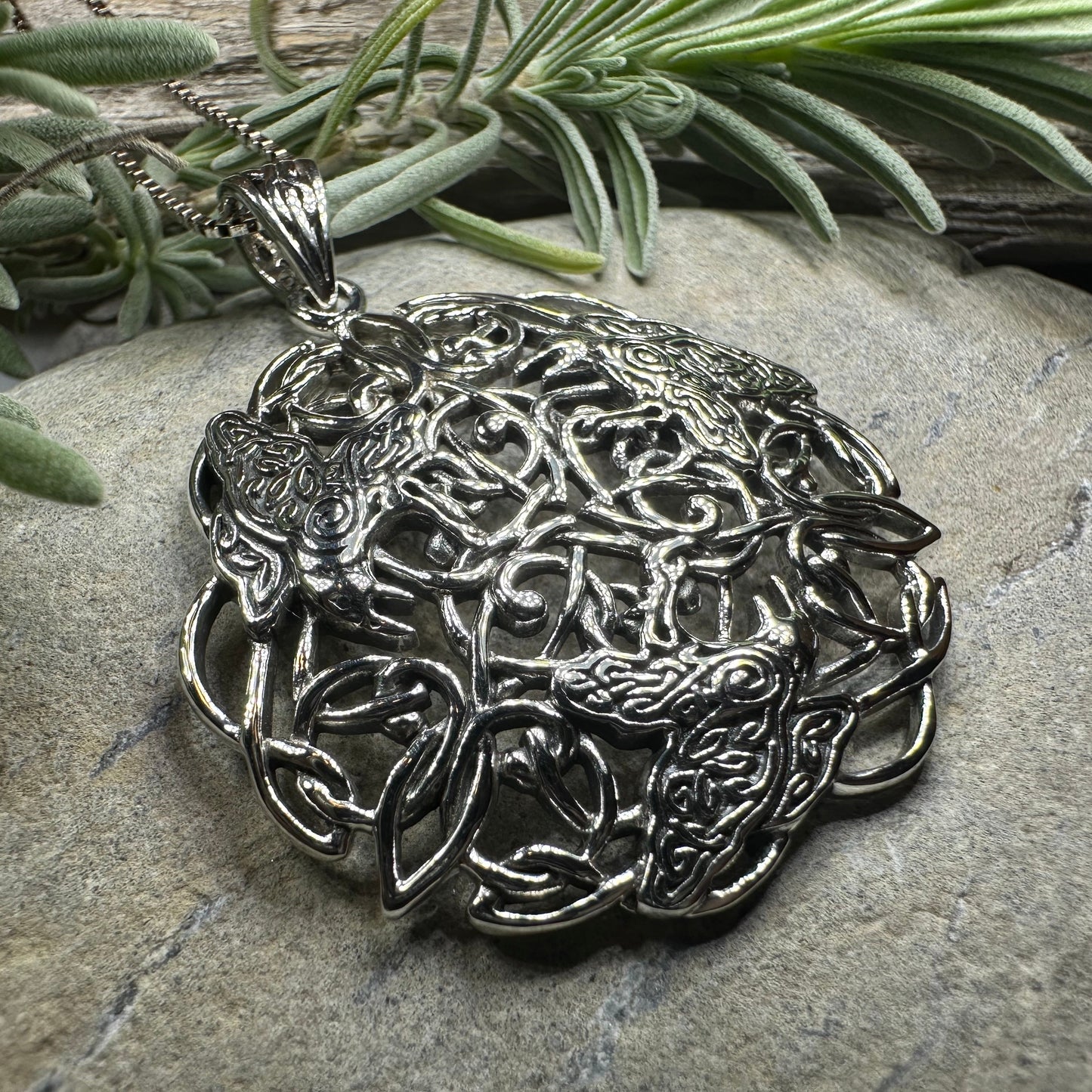 Pictish Triple Celtic Raven Necklace in Sterling Silver