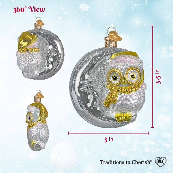 Sterling Snow Owl On Moon Ornament - Handblown Glass
