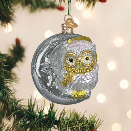 Sterling Snow Owl On Moon Ornament - Handblown Glass