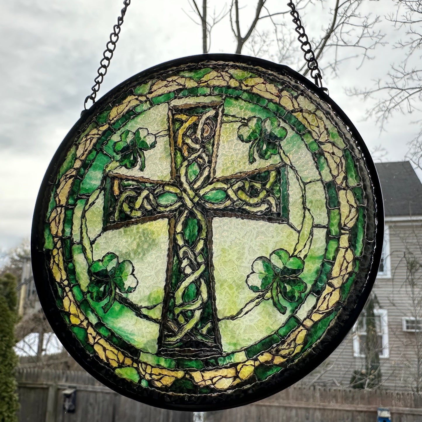 Irish Shamrock Celtic Cross Stained Glass Gift