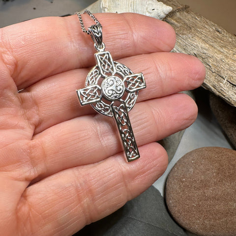 Load image into Gallery viewer, Aileran Triskele Celtic Cross Necklace in Sterling Silver
