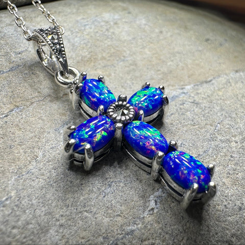 Load image into Gallery viewer, Rhosyn Opal Cross Necklace in Sterling Silver