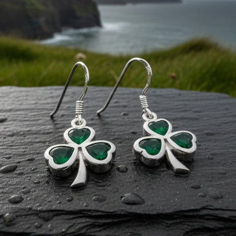 Load image into Gallery viewer, Sparkle Emerald Irish Shamrock Earrings in Sterling Silver
