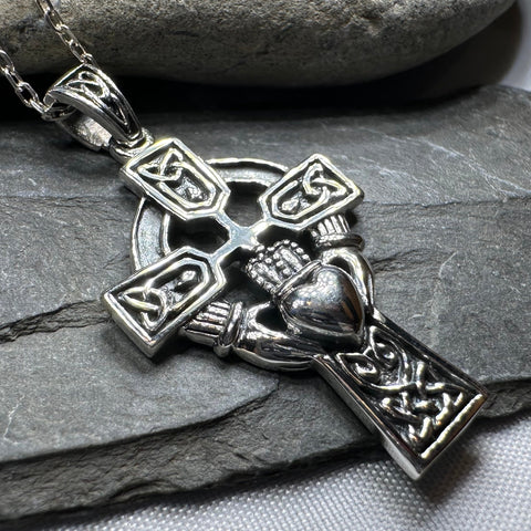 Load image into Gallery viewer, Galway Irish Claddagh Cross Necklace in Sterling Silver