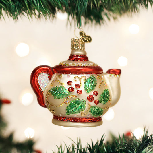 Old World Style Holly Teapot Ornament