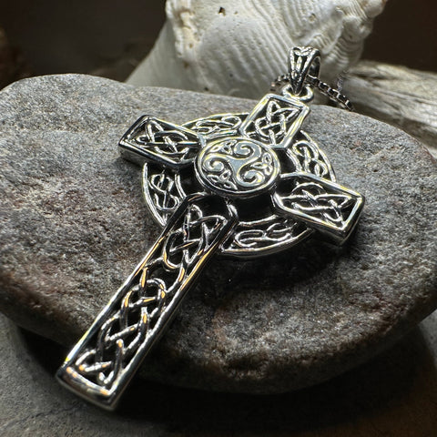 Load image into Gallery viewer, Aileran Triskele Celtic Cross Necklace in Sterling Silver