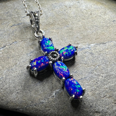 Load image into Gallery viewer, Rhosyn Opal Cross Necklace in Sterling Silver