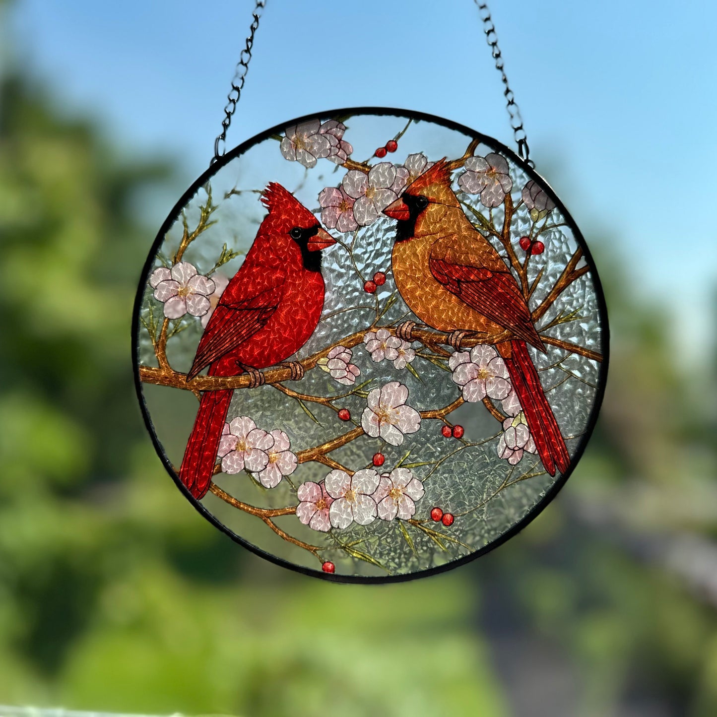Cherry Blossom Cardinal Couple Suncatcher