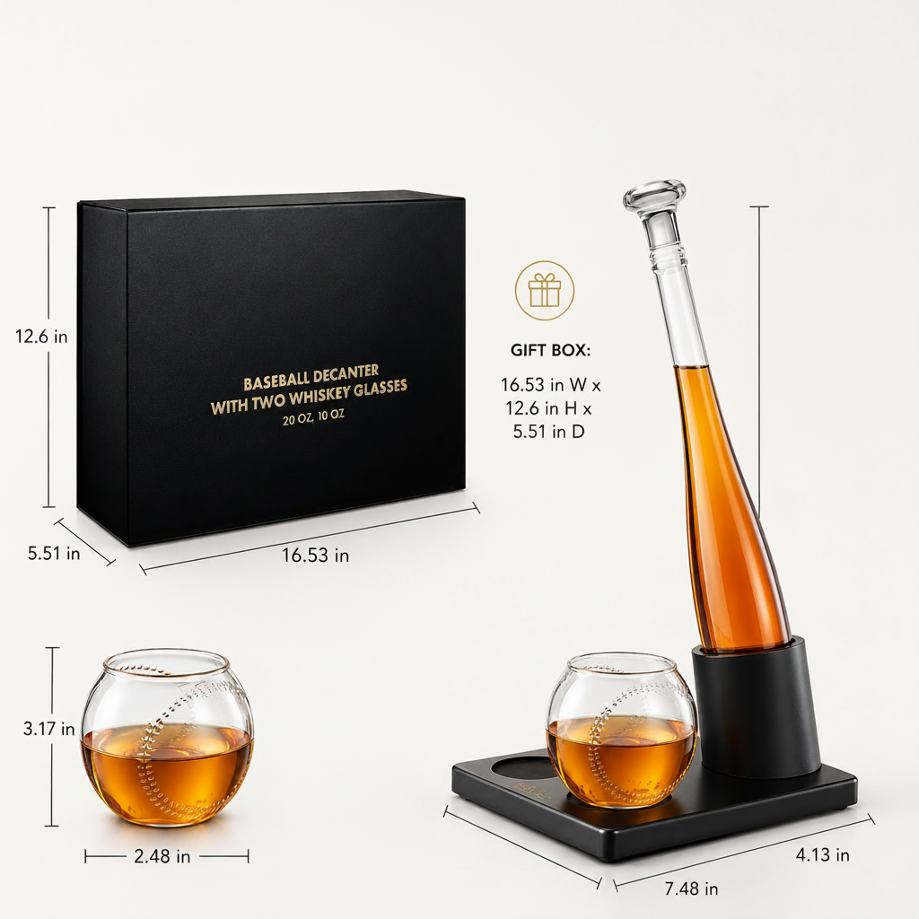 Baseball Themed Whiskey Decanter Set with 2 Glasses