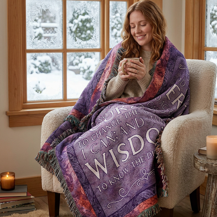A square woven throw blanket with fringe edges, featuring a purple and lavender background with a central white typographic quote about serenity, courage, wisdom, and acceptance. The outer border has a mottled pattern of pink, orange, and purple tones.