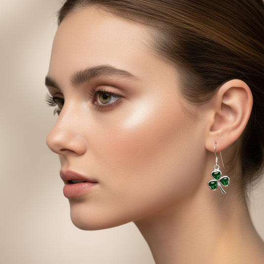 Sparkle Emerald Irish Shamrock Earrings in Sterling Silver