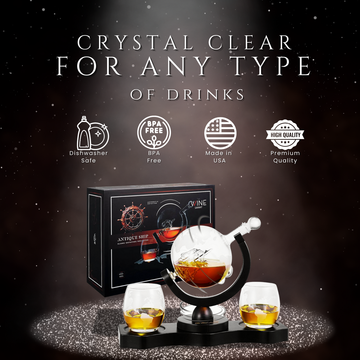 Rotating Whiskey Decanter Globe Set With 2 Whiskey Glasses
