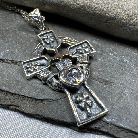 Load image into Gallery viewer, Irish Love Shamrock Claddagh Cross Necklace
