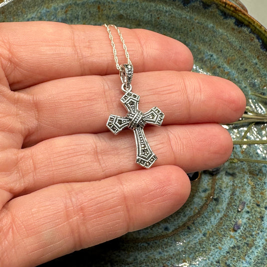 Lovely Marcasite Cross Necklace in Sterling Silver