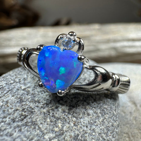 Load image into Gallery viewer, Ocean Blue Opal Claddagh Ring