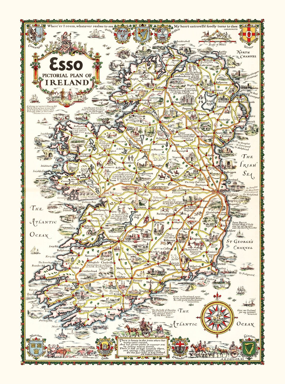 Vintage Pictorial Plan of Ireland 1933 Wall Art