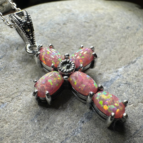 Load image into Gallery viewer, Rhosyn Opal Cross Necklace in Sterling Silver