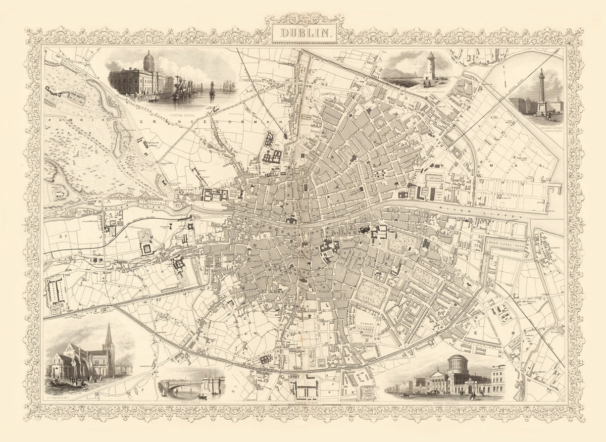 Vintage Map of Dublin, Ireland 1851 Wall Art