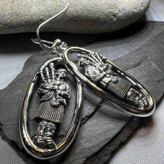 Tartan Bagpiper Earrings in Sterling Silver