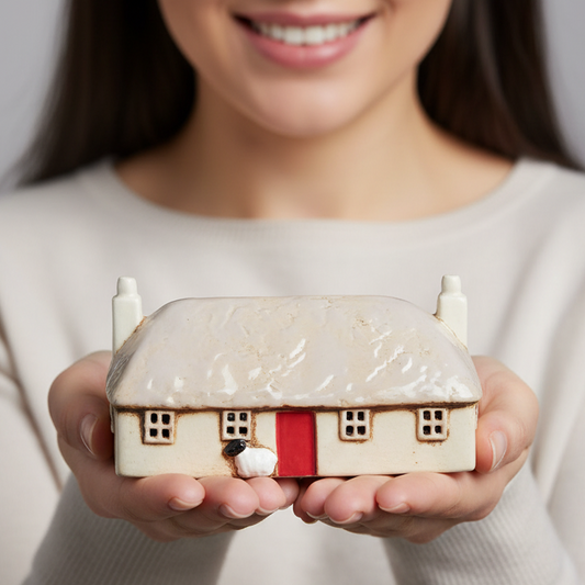 A close-up of a smiling woman holding a small decorative house figurine with a cream-colored thatched roof and walls, a red front door, and a tiny white sheep figure in front, against a soft neutral background.