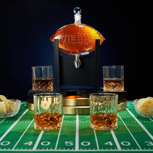Football Whiskey Decanter With Mahogany Holder & 4 Glasses