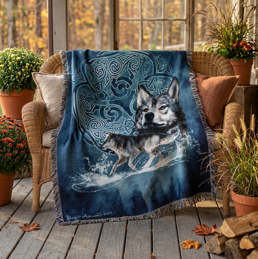 Blue Celtic Wolves Cotton Blanket - Handmade in North Carolina