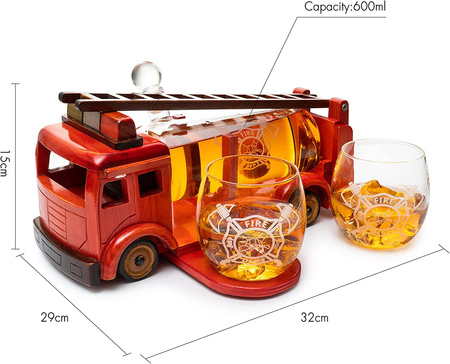 Vintage Firetruck Whiskey Decanter with Two Glasses