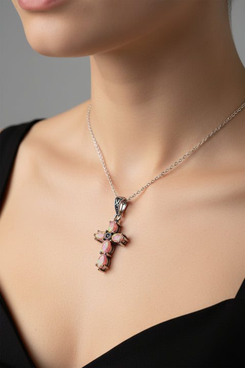 Load image into Gallery viewer, Rhosyn Opal Cross Necklace in Sterling Silver