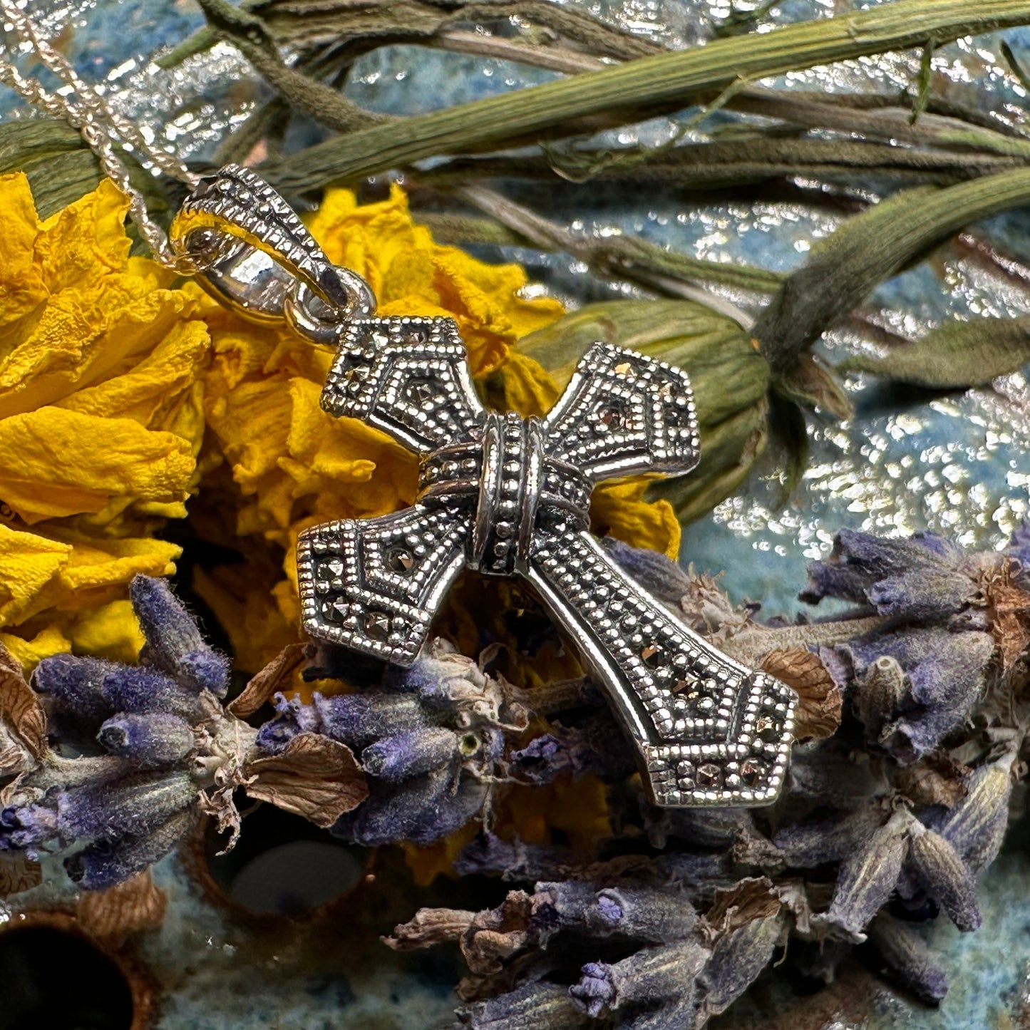 Lovely Marcasite Cross Necklace in Sterling Silver