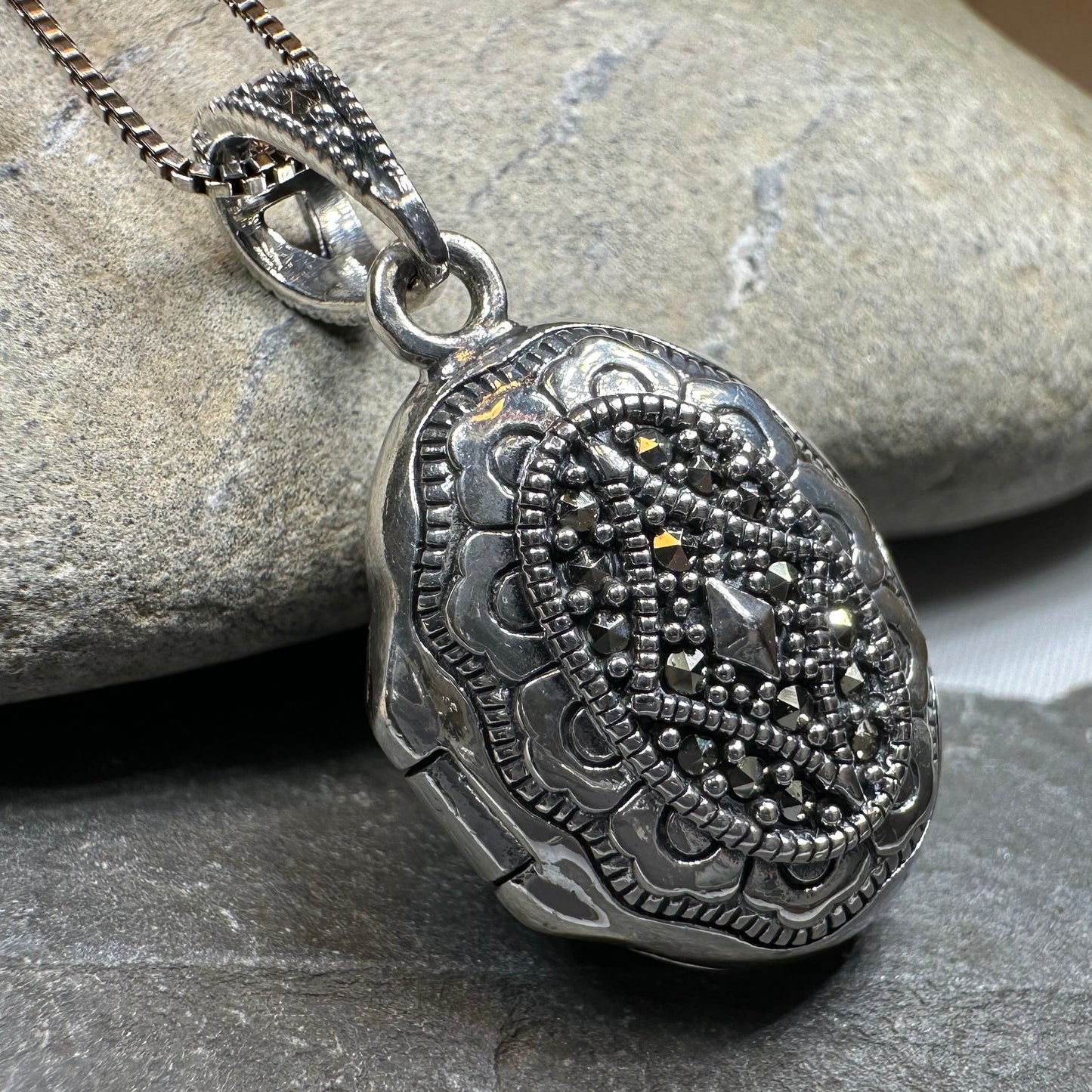 Florent Classic Oval Marcasite Locket Necklace — view 10