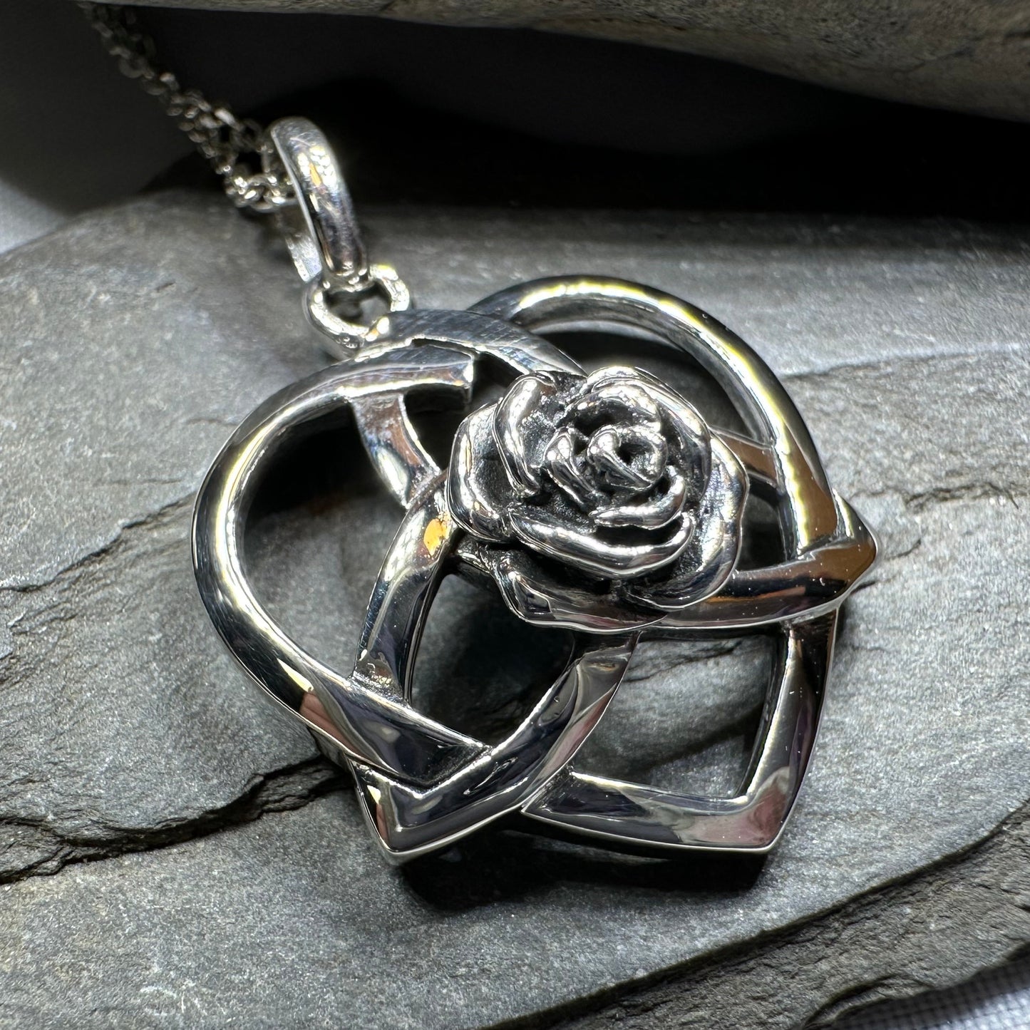 Celtic Rose Heart Necklace in Sterling Silver