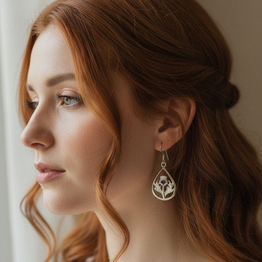 Teardrop Scottish Thistle Amethyst Earrings — Perfect Gift
