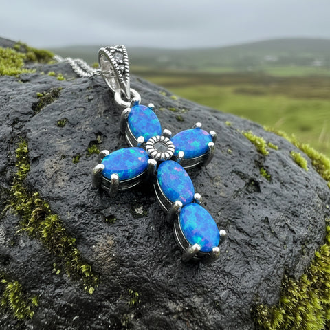 Load image into Gallery viewer, Rhosyn Opal Cross Necklace in Sterling Silver