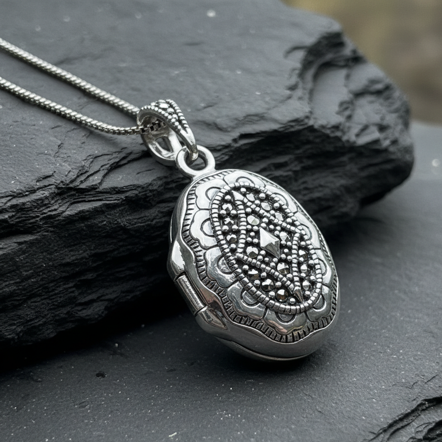 Florent Classic Oval Marcasite Locket Necklace - Silver – Celtic