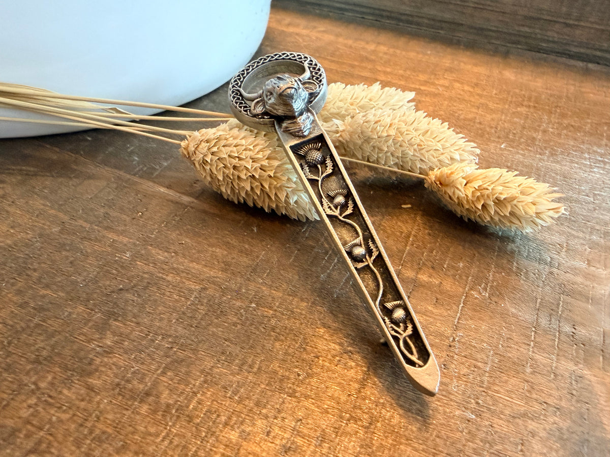 Celtic Highland Cow Thistle Kilt Pin - Handmade in Scotland