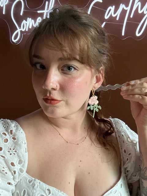 Load image into Gallery viewer, Long Stem Pink Roses Dangle Earrings for Women