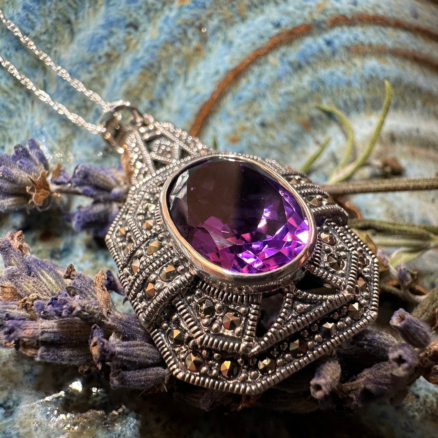 Victorian Marcasite Necklace with Amethyst