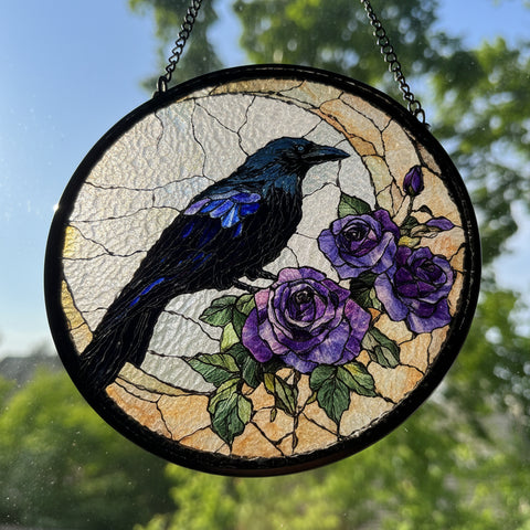 Load image into Gallery viewer, Purple Roses Moon Raven Suncatcher
