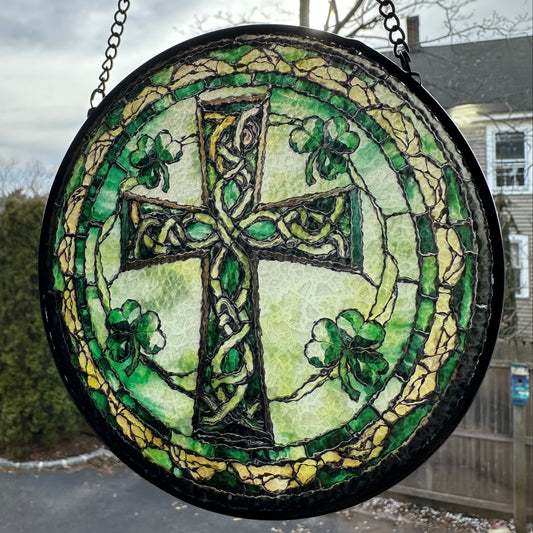 Irish Shamrock Celtic Cross Stained Glass Gift