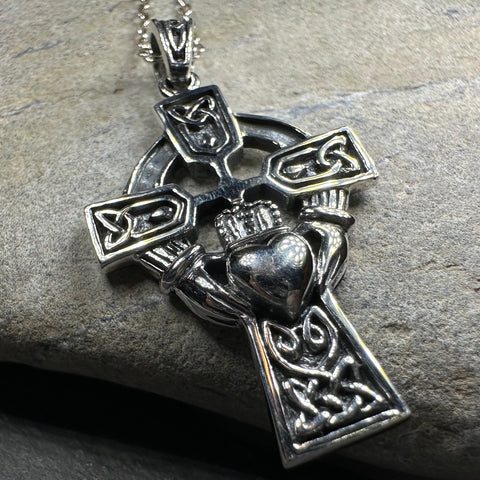 Load image into Gallery viewer, Galway Irish Claddagh Cross Necklace in Sterling Silver