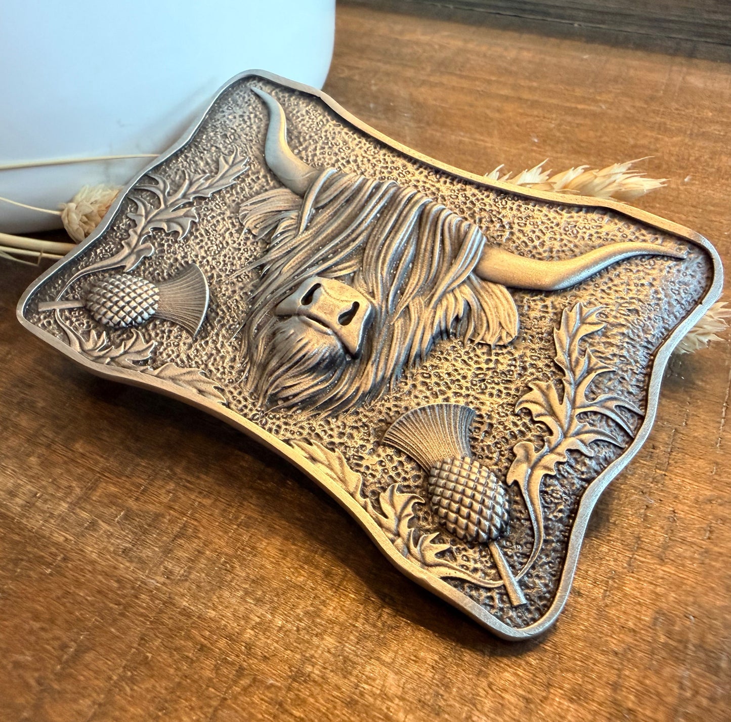 Thistle & Highland Cow Kilt Belt Buckle - Handmade in Scotland