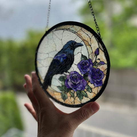 Load image into Gallery viewer, Purple Roses Moon Raven Suncatcher