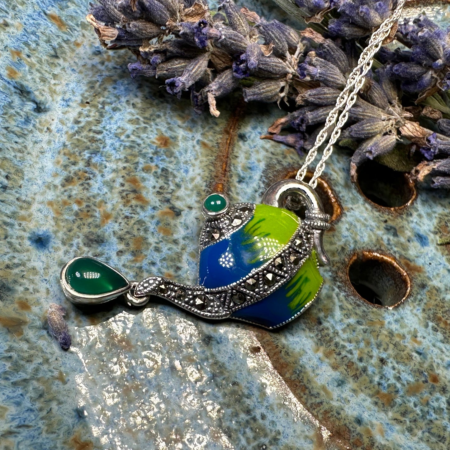 Spot of Tea Teapot Marcasite Necklace in Sterling Silver