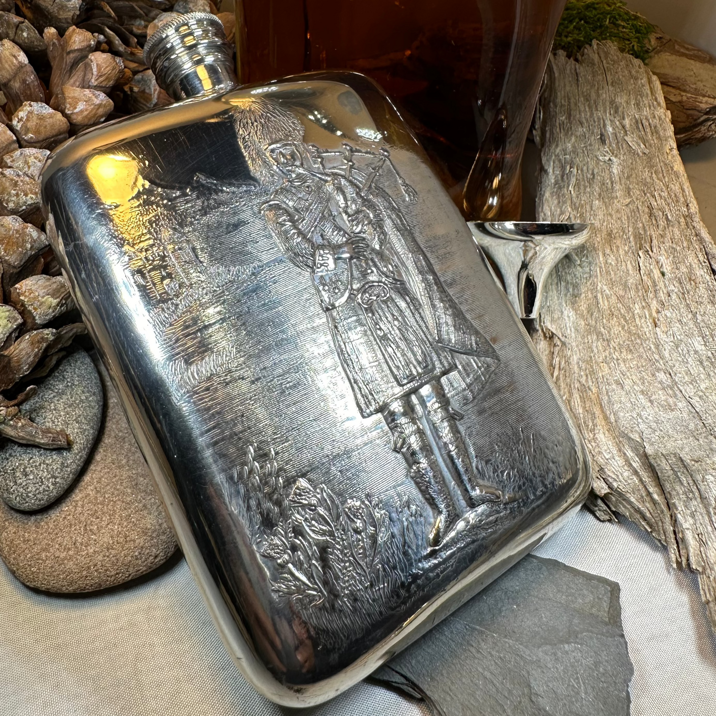 Bagpiper Pewter Hip Flask - Handmade in England