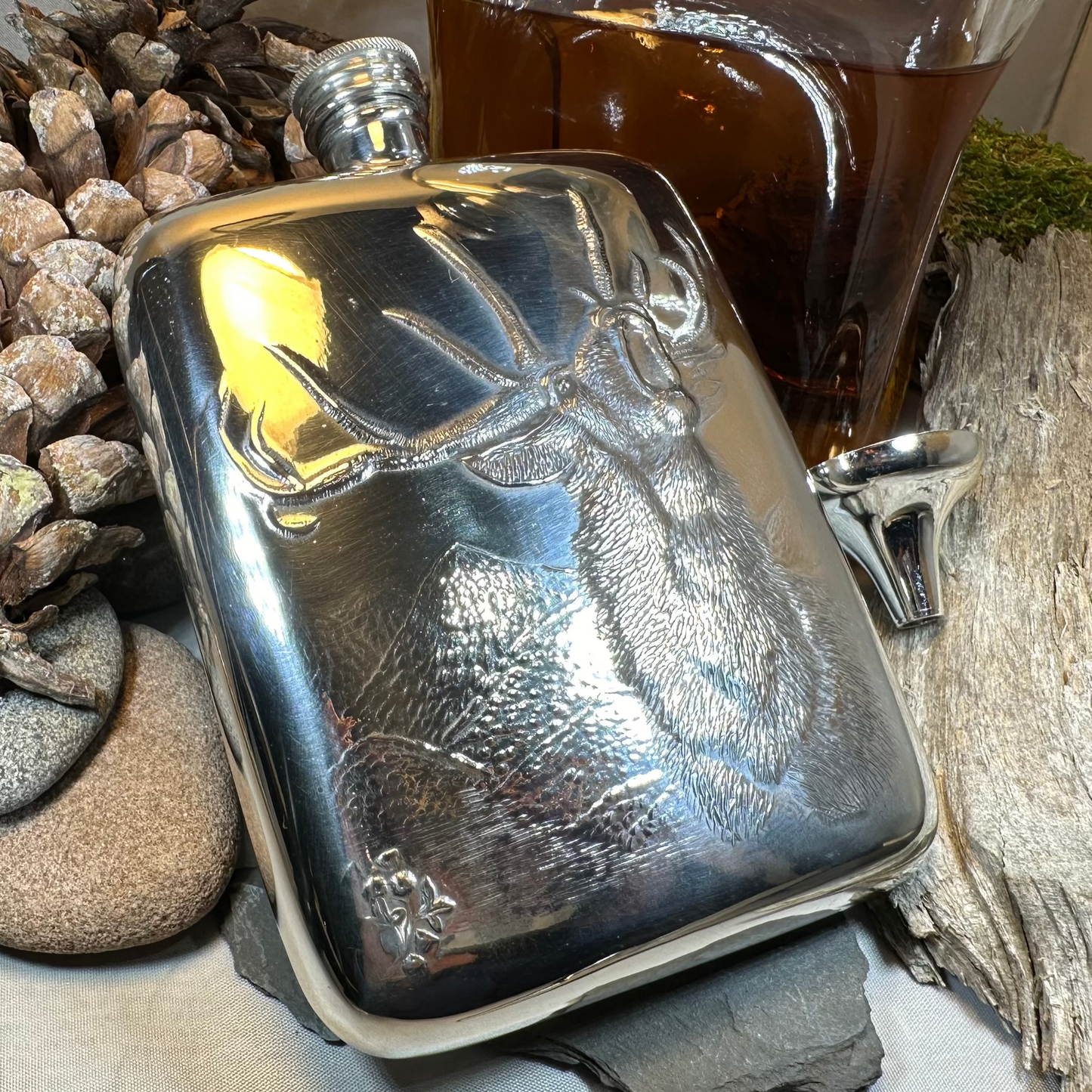 Roaring Stag Pewter Hip Flask - Handmade in England