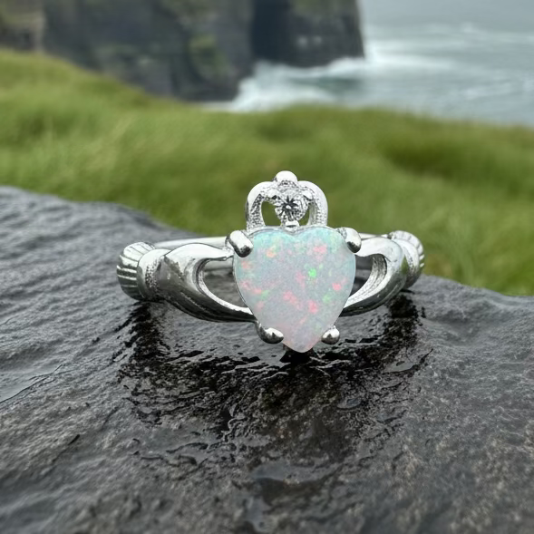 White Fire Opal Irish Claddagh Ring in Sterling Silver