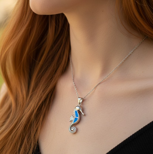 Blue Opal Seahorse Necklace — view 2