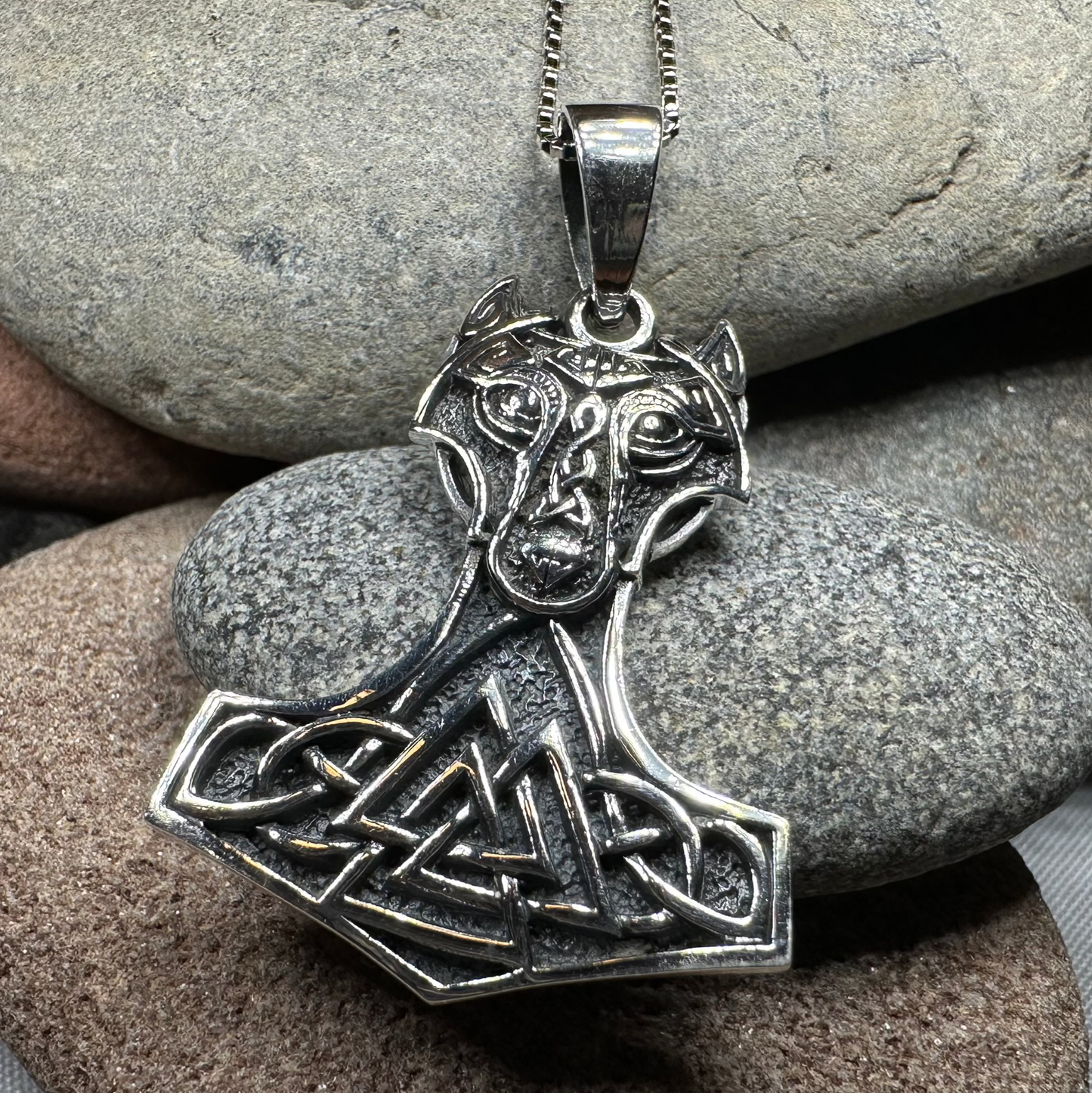 Wolf's Head Thor's Hammer Necklace in Sterling Silver — view 8