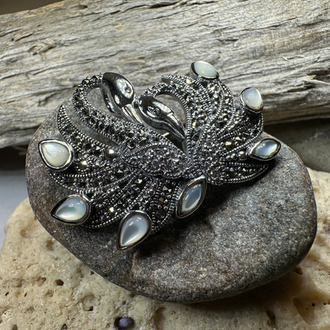 Load image into Gallery viewer, Children of Lir Marcasite Swan Brooch in Sterling Silver